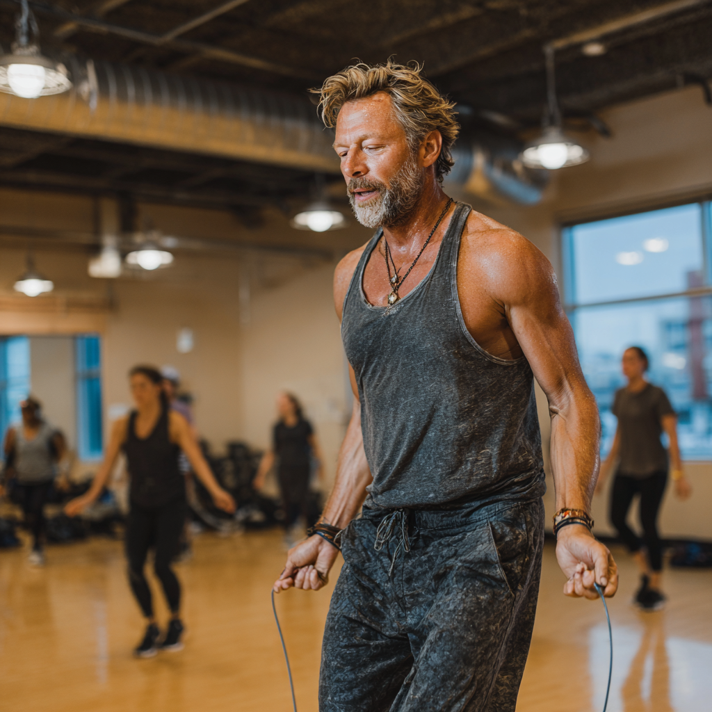 Hombre de 52 años en clase de cardio HIIT saltando cuerda, mostrando intensidad y concentración