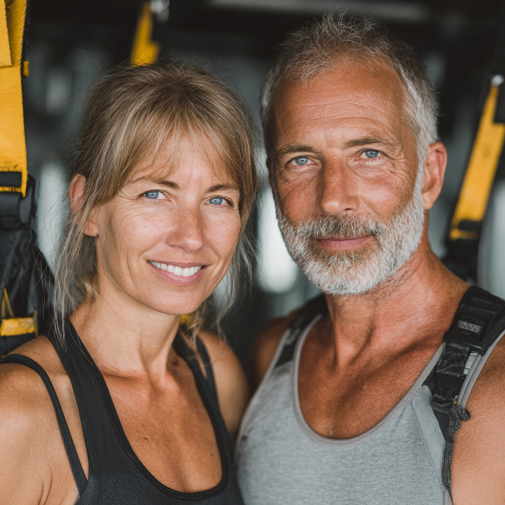 Pareja de 54 años entrenando juntos en gimnasio moderno, sonriendo mientras realizan ejercicios funcionales