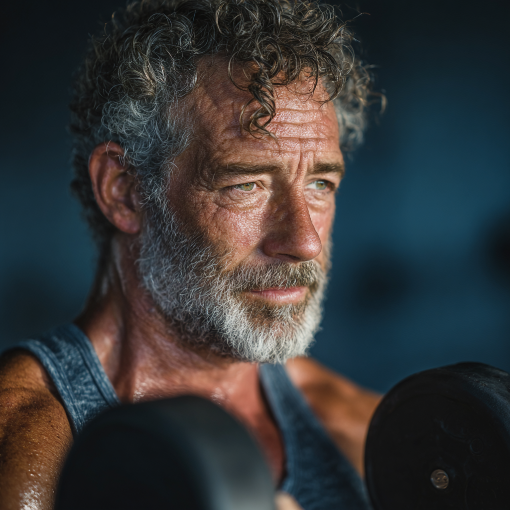 Hombre de 55 años entrenando con pesas en gimnasio urbano moderno, mostrando determinación y fuerza