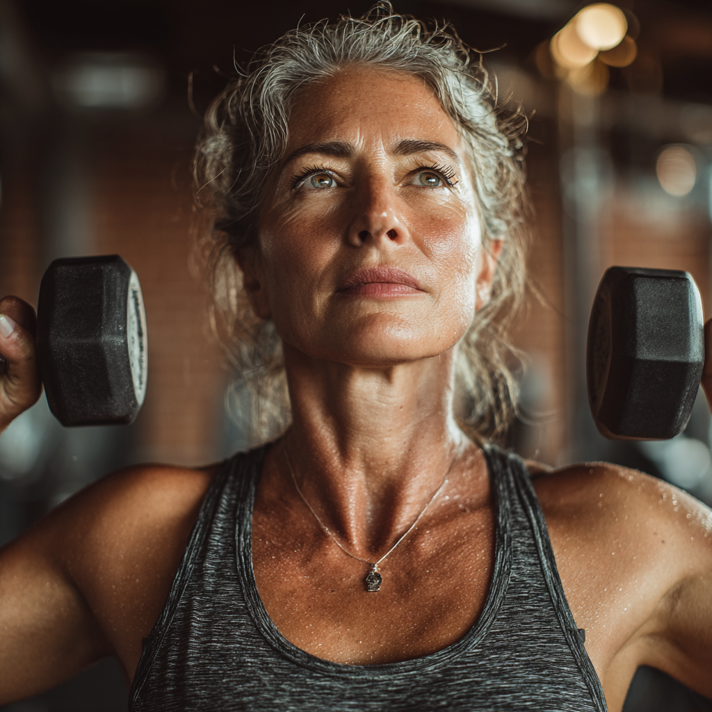 Mujer de 58 años realizando ejercicios de fuerza con mancuernas en gimnasio urbano, demostrando técnica perfecta